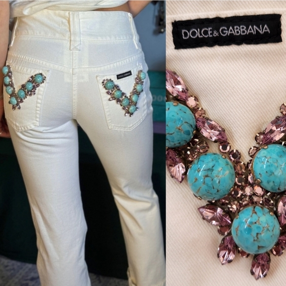 Y2K Dolce & Gabbana White Western glam Turquoise rhinestone Jeans it 36 0/2 - Picture 4 of 9